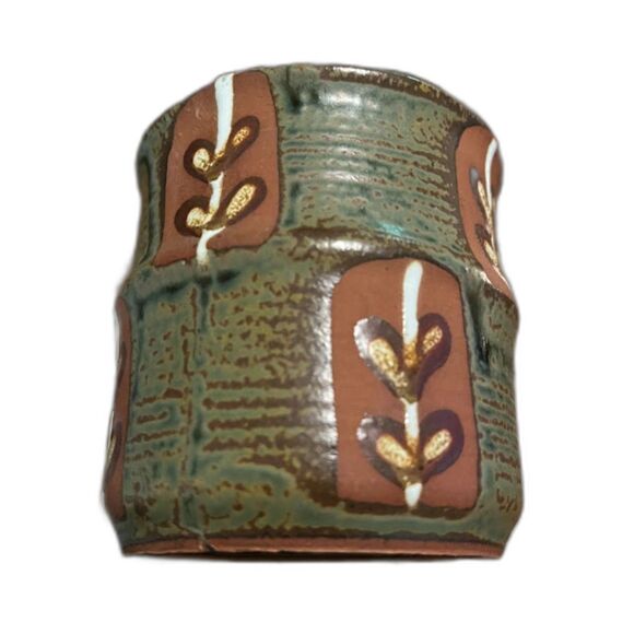 Vtg MCM Japan Redware Stoneware Vase Green Brown Leaf Design Rustic Pottery - Picture 1 of 6